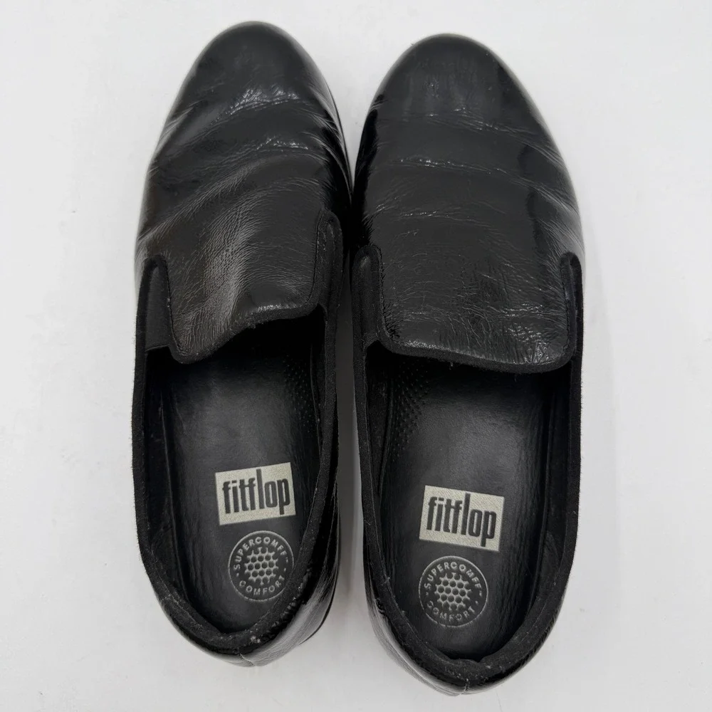 FitFlop Loafers Crinkled Patent Leather Slip On Shoes‎ Black Womens 8.5